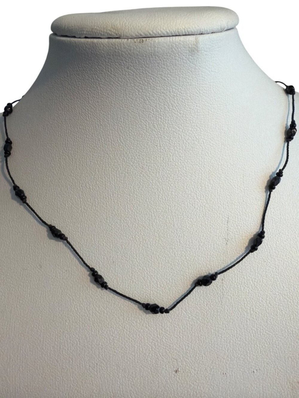 Vintage Black Glass Bead Choker Collar Necklace Cord Screw Barrel 15" Estate